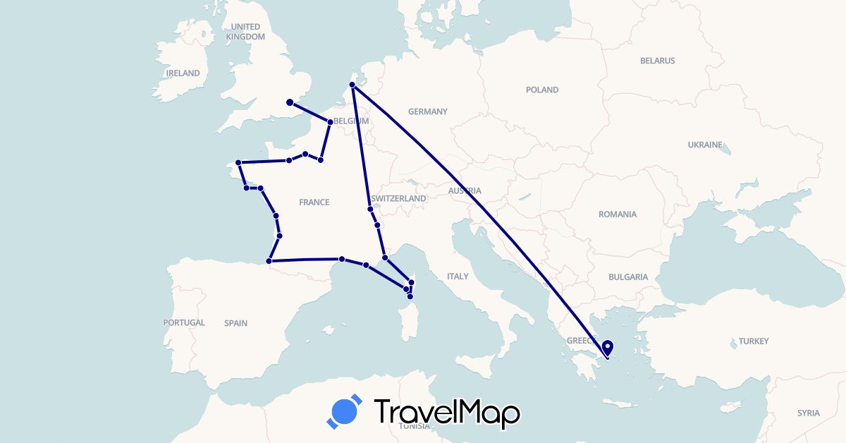 TravelMap itinerary: driving in Switzerland, France, United Kingdom, Greece, Netherlands (Europe)