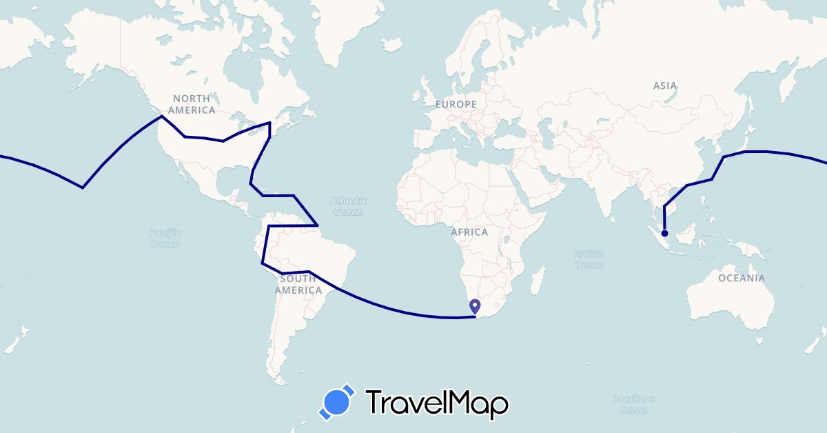 TravelMap itinerary: driving in Bolivia, Brazil, Canada, China, Colombia, Cuba, France, Jamaica, Japan, Cambodia, Netherlands, Peru, Singapore, United States, South Africa (Africa, Asia, Europe, North America, South America)